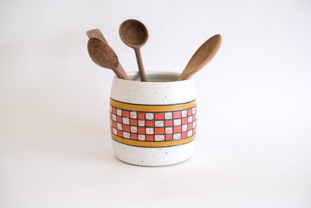 Utensil Crock in Red and Mustard