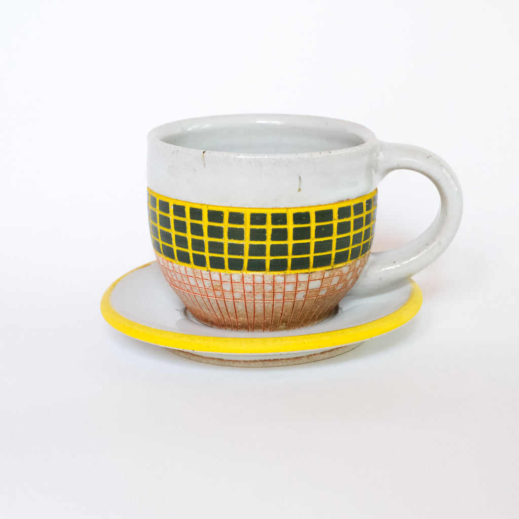 Cappuccino Cup and Saucer Green and Yellow
