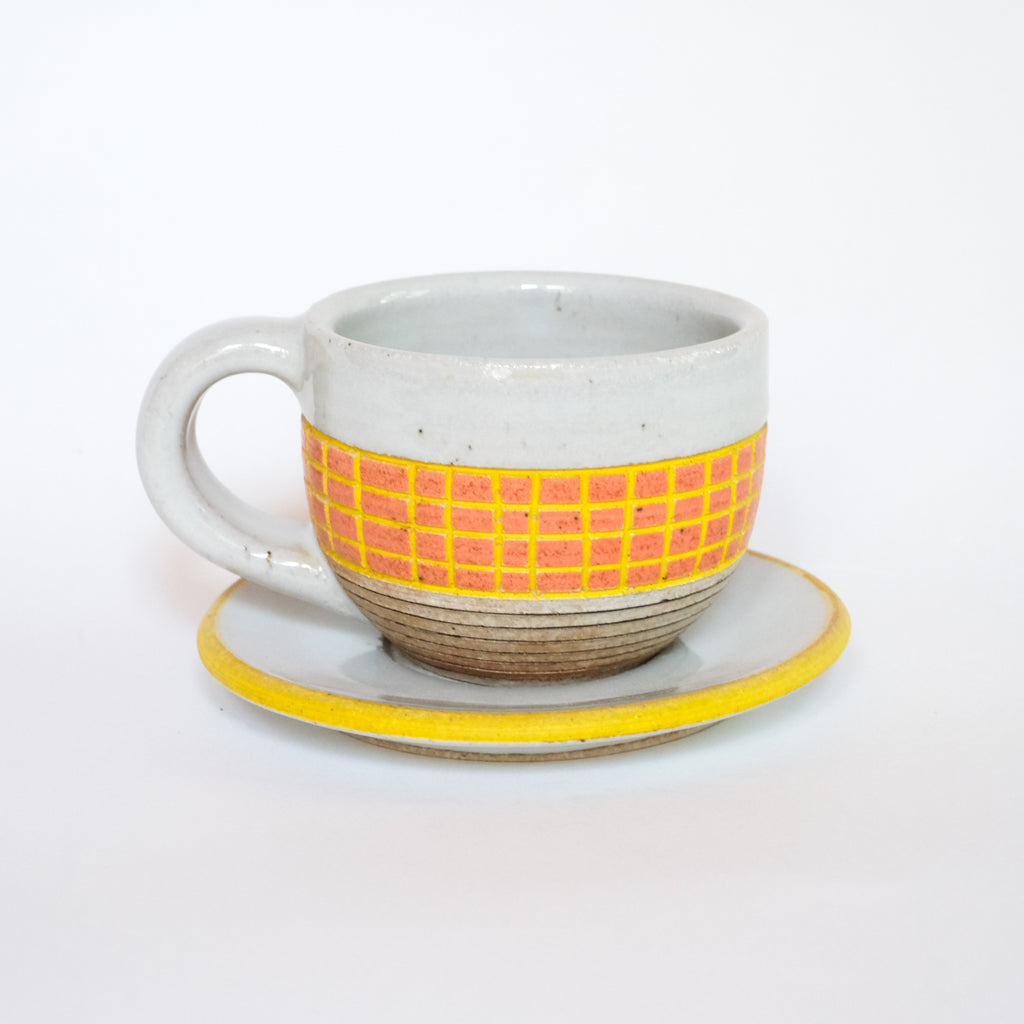 Cappuccino Cup and Saucer Coral and Yellow